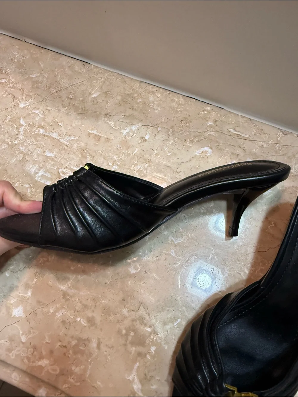 Saint Laurent Black Leather Slide with Gold Logo - Picture 4 of 5